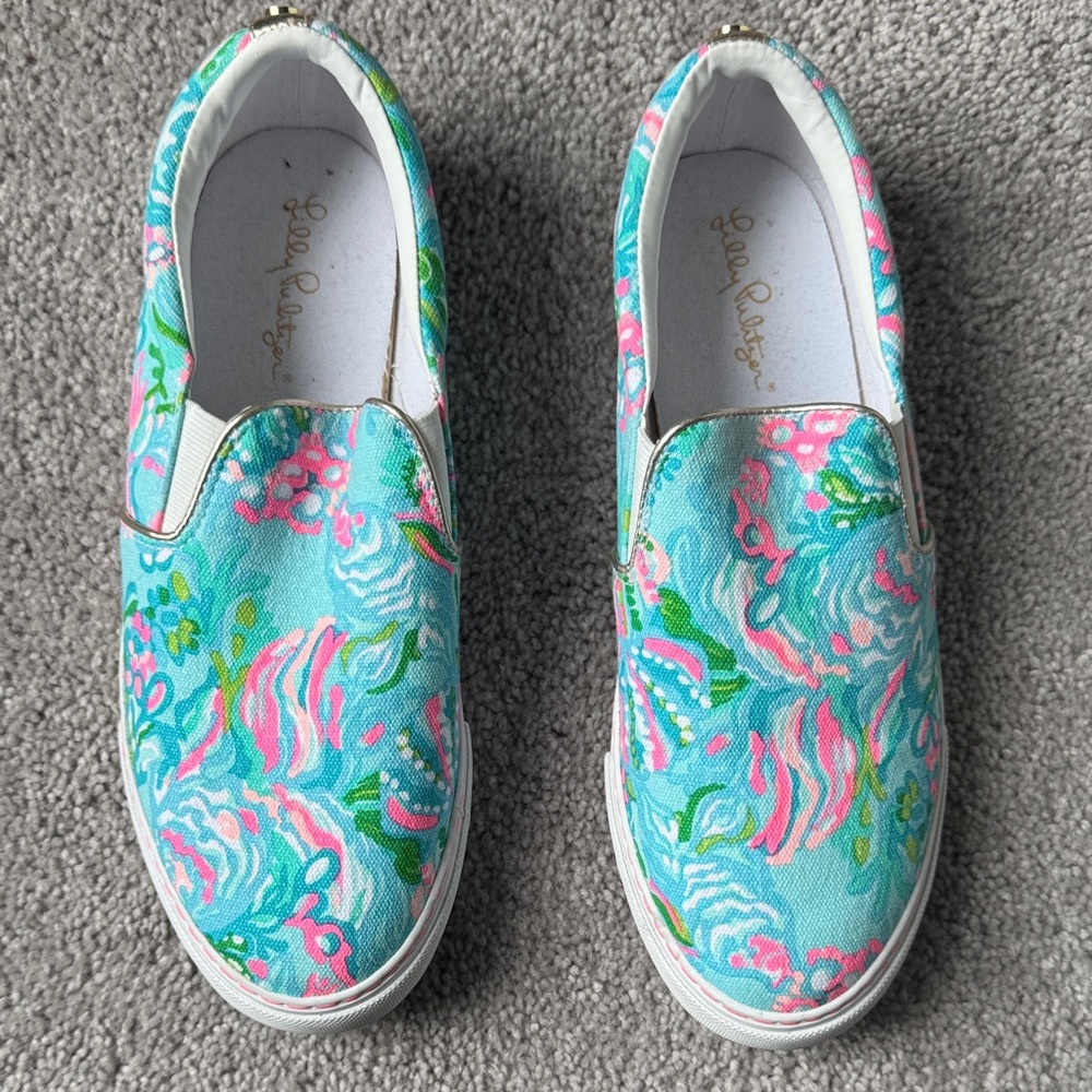 Lilly Pulitzer Aqua and Pink Slip-On Sneakers